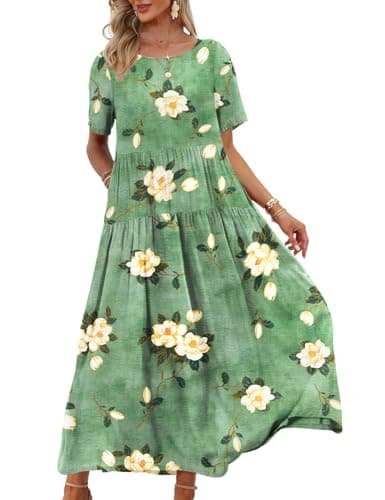 YESNO Women Casual Loose Bohemian Floral Dress with Pockets Short Sleeve Long Maxi Summer Beach Swing Dress S EJF CR19 - Image 1