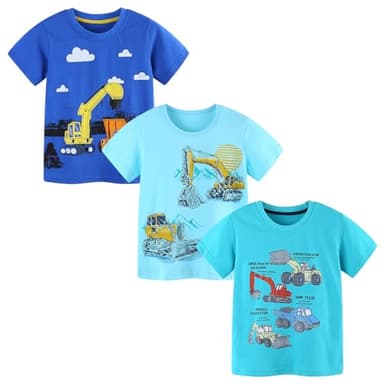 HILEELANG Toddler Boys' 3-Pack Excavator Tees Short Sleeve Crewneck Cotton Casual Summer T-Shirts Tops 3T - Image 2