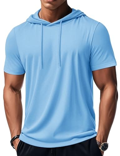 MAGCOMSEN Mens Hoodies Short Sleeve Hooded Shirts Workout Hoodie Sweatshirt lightweight Pullover Summer Cotton T Shirt Blue,2XL - Image 1