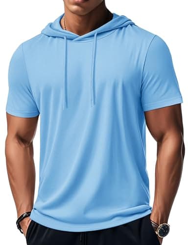 MAGCOMSEN Mens Hoodies Short Sleeve Hooded Shirts Workout Hoodie Sweatshirt lightweight Pullover Summer Cotton T Shirt Blue,2XL - Image 1