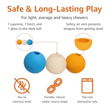Amazon Basics Dog Toys, Interactive Assorted Rubber Balls, (Pack of 3), 2.5 inch, Blue, Beige, Orange - Image 2