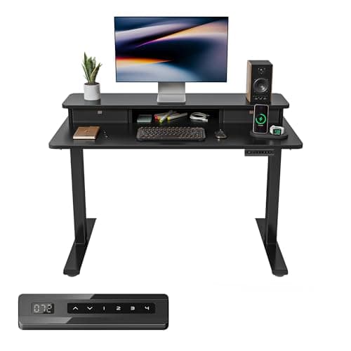 FEZIBO 40 x 24 Inch Height Adjustable Electric Standing Desk with Double Drawer, Computer Desk, Home Office Stand Up Table with 4 Height-Adjustable Feets & 2 Hooks, Black - Image 1