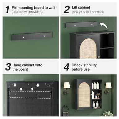 Rattan Bathroom Wall Cabinet, Boho Medicine Wall Cabinets with Door and Adjustable Shelves, Tall Kitchen Wall Mounted Storage Cabinet, Floating Hanging Cabinet Space Saver for Laundry Room,Black - Image 7