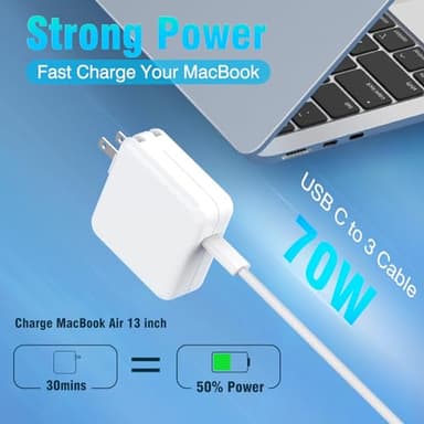 Charger for MacBook Air 13 15 inch MacBook Pro 14 inch 2025 2024 2023 2022 2021 M4 M3 M2 M1, 70W USB C Power Adapter, 6.6FT USB C to 3 Braided Cable with LED, Powerful Connect, Original Quality - Image 2