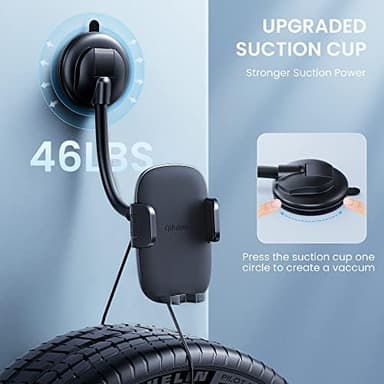 Qifutan Cell Phone Holder for Car Phone Mount Long Arm Dashboard Windshield Car Phone Holder Anti-Shake Stabilizer Phone Car Holder Compatible with All Phone Android Smartphone, Black - Image 5