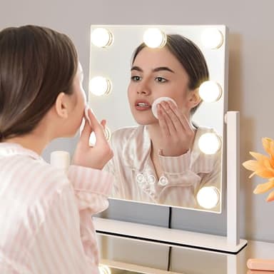 Kotdning Vanity Mirror with Lights,Lighted Vanity Mirror with 9 Dimmable Bulbs for Dressing Room & Bedroom,3 Color Lighting,Modes Detachable 10x Magnification 360°Ratation(White) 12" L x 14.4" W - Image 5