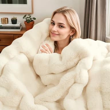 PU MEI Cozy Thick Fuzzy Faux Rabbit Fur Throw Blanket, Double Sided Luxury Comfy Cute Furry Bubble Blanket for Winter, Plush Warm Shaggy Fluffy Small Blankets for Sofa Bed, (Soft-Beige, 50"*60" - Image 3