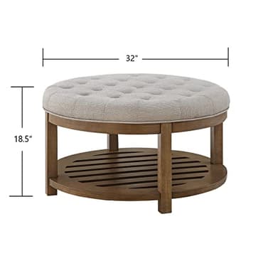 24KF Large Round Upholstered Tufted Linen Ottoman Coffee Table, Large Footrest Ottoman with Wood Shelf Storage-Iinen - Image 2