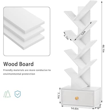 SHEEPAM 8 Tier Tree Bookshelf with Drawer, Free Standing Wood Bookcase for Living Room, Bedroom, Home Office, Space Saving Storage Organizer Bookshelves for Books, CDs, Vinyl Records- White - Image 3