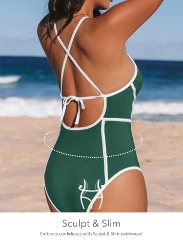 CUPSHE Women's One Piece Swimsuit Plunging V Neck Bathing Suit Crisscross Back Tie Slimming Sculpting Color Block, XS - Image 2