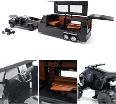 Cybertruck Model: 1/32 Diecast Metal Pick-Up Truck Trailer Toy with Motorcycle with Lights and Sounds for Boys, Ages 3 and Up (Gray, Pickup Trailer with RV - Image 5