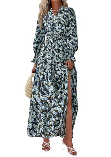 PRETTYGARDEN Women's Floral Maxi Dress 2025 Fall Long Sleeve V Neck Casual A Line Long Flowy Boho Party Dresses (Floral Blue Yellow,Medium) - Image 1