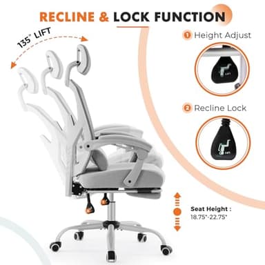 Sweetcrispy Office Computer Desk Chair with Footrest,Ergonomic High-Back Mesh Rolling Work Swivel Chairs with Wheels,Comfortable Lumbar Support,Comfy Arms for Home,Bedroom,Study,Student,Light Grey - Image 5