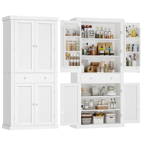 usikey 72” Pantry Cabinet, Tall Kitchen Storage Cabinet with 4 Doors and 1 Drawer, Cupboard with 6 Hanging Shelves and Adjustable Shelves for Kitchen, Dining Room, Living Room, White - Image 1