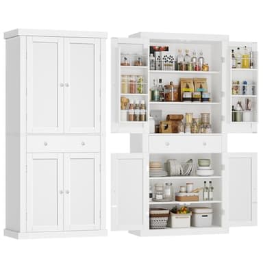 usikey 72” Pantry Cabinet, Tall Kitchen Storage Cabinet with 4 Doors and 1 Drawer, Cupboard with 6 Hanging Shelves and Adjustable Shelves for Kitchen, Dining Room, Living Room, White - Image 1
