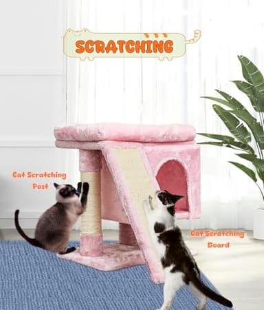 SYANDLVY Small Pink Cat Tree with Perch for Indoor Cats, Cat Tower with Scratching Post, Modern Activity House for Large Cats, Condo with Board, Kittens Cave - Image 7