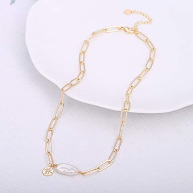 Aobei Pearl Chunky 18k Gold Chain Choker Necklace Freshwater Biwa Pearl Pendant CZ Starburst Charm Statement Jewelry for Women 16’’ - Image 6