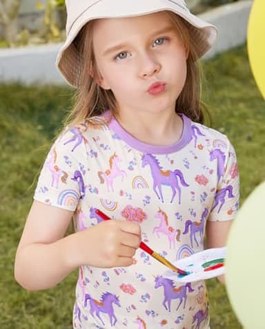 babee Reshinee Bamboo Viscose Toddler Unicorn Girls Kids Pajamas Short Sleeve Summer Cool Snug fit Pjs 3-4Y 2pcs - Image 2
