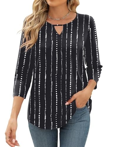Romanstii 3/4 Length Sleeve Womens Tops Tunics or Tops to Wear with Leggings Cut Out Dressy Blouses Black White Stripes S - Image 1