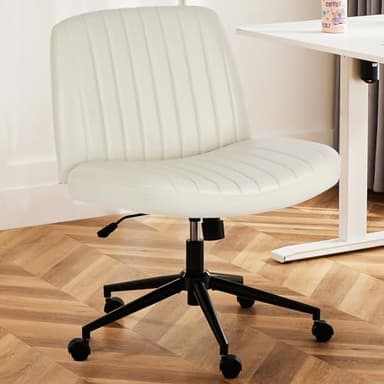 DUMOS Criss Cross Chair with Wheels, Legged Office Armless Wide Desk Seat Dual-Purpose Base, Adjustable Swivel Leather Task Vanity Home Office Desk Seating, Cream - Image 1