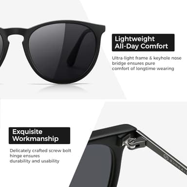 SUNGAIT Premium Vintage Round Sunglasses for Women Men Classic Retro Trendy Style (Black Frame(Matte Finish)/Polarized Grey Lens) 1567 PGHKH - Image 3