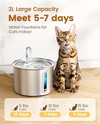 oneisall Stainless Steel Cat Water Fountain, 2L Water Fountains for Cats Indoor Dishwasher Safe with Quiet Pump and 3 Replacement Filters, Automatic Pet Water Fountain Faucet Spout Design - Image 2