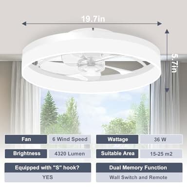 VOLISUN Low Profile Ceiling Fans with Lights and Remote, 19.7in Fandelier Ceiling Fan Flush Mount, 3000K-6500K Smart Bladeless LED Fan Light, White Modern Ceiling Fans with Lights for Bedroom - Image 2
