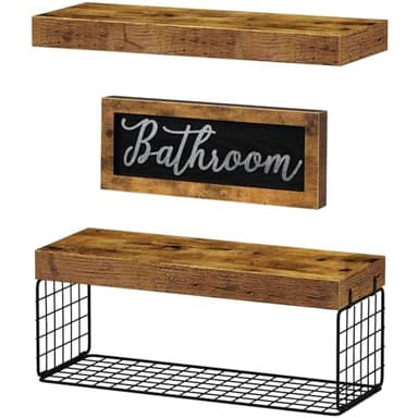 QEEIG Bathroom Shelves Over Toilet - Paper Storage Wall Mounted Farmhouse Decor Decorations Aesthetic Décor Sign Small Floating Shelf 2+1 Set 16 inch, Rustic Brown (020BN) - Image 6