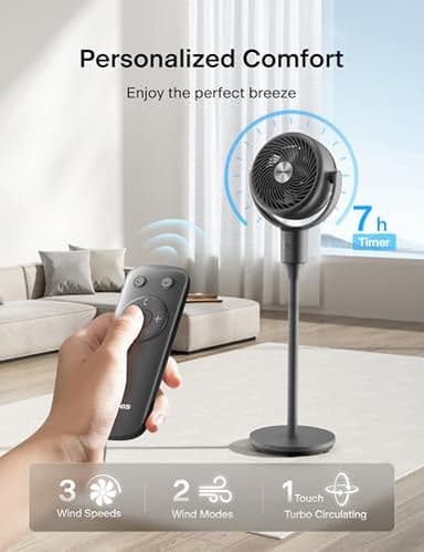 PELONIS Pedestal Fan, Air Circulator, Ultra OmniFlow (135°+90°Auto Oscillation), Quiet Floor Fan with 3 Speeds, Remote, 7H Timer, Memory Function, Adjustable Height, Standing Fan for Bedroom - Image 5