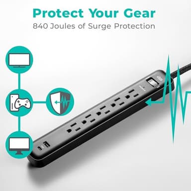 KMC 5-Outlet Surge Protector Power Strip, 1 USB-A & 1 USB-C Port, 840J Surge Protectors, 6ft Braided Extension Cord, Flat Plug, Black Power Strip Surge Protector, ETL/UL Certified Power Strips, Black - Image 5