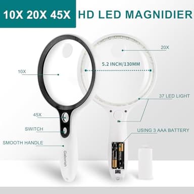 Large Magnifying Glass with 37 LED Light, 10X 20X 45X Handheld Illuminated Lighted Magnifier with 3 Light Modes for Seniors Reading, Inspection, Coins, Exploring Close Work - Image 4