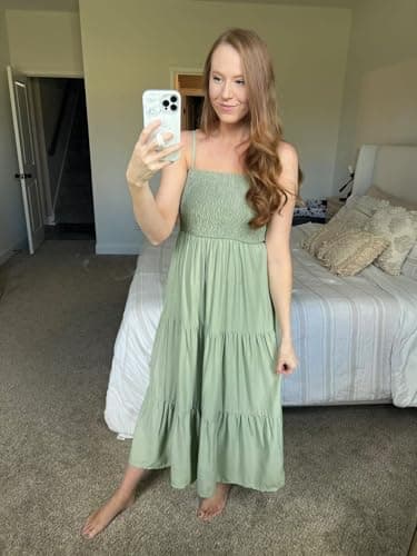 PRETTYGARDEN Summer Dresses for Women 2025 Spaghetti Strap Floral Maxi Dress Sleeveless Smocked Tiered Long Beach Sundress (Bean Green,M) - Image 5