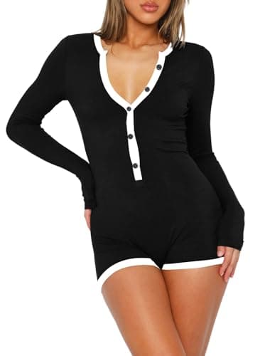 INFITTY Rompers For Women Long Sleeve Jumpsuit V Neck Onesie Pajamas Sexy Ribbed Button Down Sleepwear Black L - Image 5