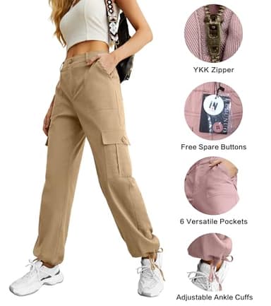 Women High Waisted Cargo Pants Wide Leg Casual Pants 6 Pockets Combat Military Trousers Khaki - Image 2