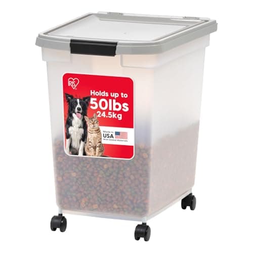 IRIS USA Airtight Dog Food Storage Container, WeatherPro, Up to 50 lbs, Removable Wheels, for Dog Cat Bird and Other Pet Food Storage Bin, Keep Fresh, Translucent Body, Made in USA, Clear/Gray - Image 1