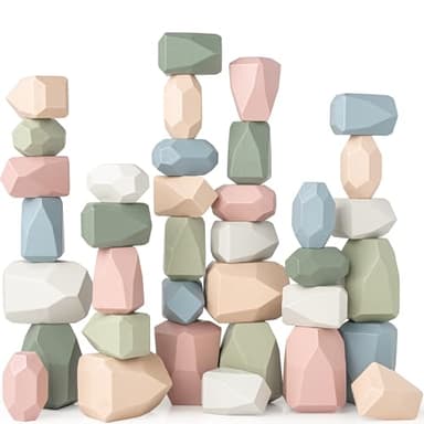Comfy Cubs Stacking Rocks 36 Pieces, 36 Months+, Educational Toddler Stacking Blocks, Promotes Imagination, Balance & Fine Motor Skills - Wooden Rocks Sensory Toys Gift for Kid, Neutral Pack - Image 1