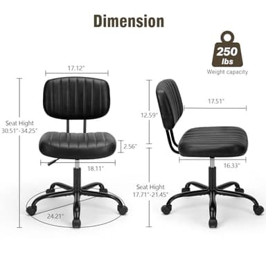DUMOS Small Armless Home Desk Chair with Low Back Lumbar Support, Height Adjustable PU Leather Computer Task Chair with 360° Swivel Wheels, for Small Space, Kids and Adults, New Black - Image 2