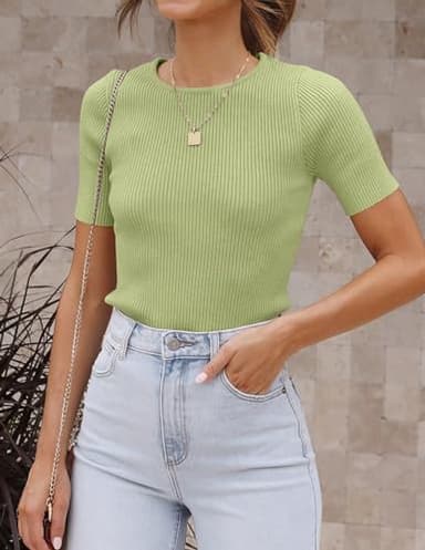 ZESICA Women's Short Sleeve Sweater Tops 2025 Summer Crewneck T Shirt Ribbed Knit Slim Fit Basic Solid Color Tee,MossGreen,Medium - Image 8