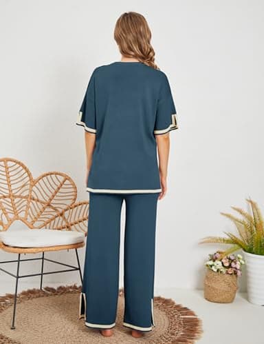 Faleave Womens Knit 2 Piece Sweater Sets Short Sleeve Pullover Tops Elastic Waist Wide Leg Pants Lounge Set(Navy-L) - Image 3