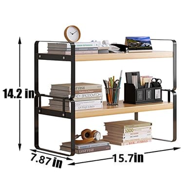 YGYQZ Wood Office Desk Shelf Organizer - Desktop Supplies Cute Dresser Top Organization Storage Rack and Cubicle Decor Aesthetic Bookshelf for Women Man and Kids (Black-Two Tier) - Image 2