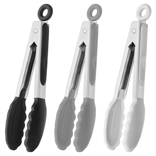 HINMAY Small Silicone Tongs 7-Inch Mini Serving Tongs, Set of 3 (Black Gray White) - Image 1