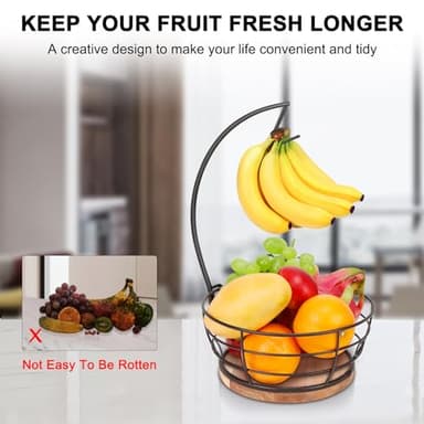 Livabber Countertop Fruit Basket Bowl with Banana Hanger, Modern Standing Fruit Vegetable Bowl Storage, with Banana Tree Holder for Kitchen Dinning Table (Round Wood, Black) - Image 3