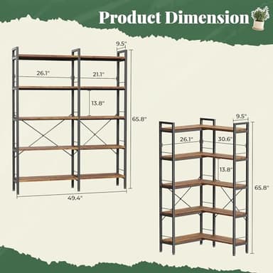 Huuger 5 Tier Bookshelf, L Shaped Corner Bookshelf with 10 Open Shelves, 49.4 Inch Straight Wide Bookcase with Metal Frame and Wooden Board, Adjustable Feet, Rustic Brown - Image 2