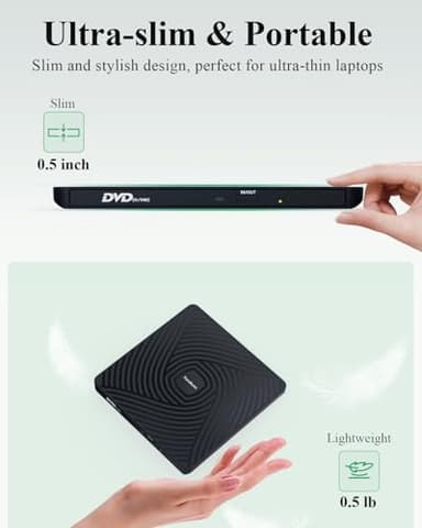 PeroBuno External CD DVD Drive, USB 3.0 Type-C Optical Drive, 0.5-inch Ultra-Slim Portable DVD CD ROM Disc Player Reader Writer Rewriter Burner Recorder for Laptop PC MacBook Windows Linux Mac OS - Image 2