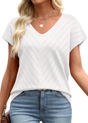 WIHOLL Short Sleeve Sweater for Women Trendy Womens Tops 2025 Summer V Neck T Shirts Cap Sleeve Beach Fashion Travel Outfits Vacation Clothes Ladies Tops Dressy Casual Lightweight Sweaters White M - Image 3