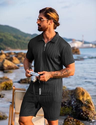 URRU Men's 2 Piece Outfits Short Sleeve Casual Zip Polo Shirt and Shorts Set Black XL - Image 4