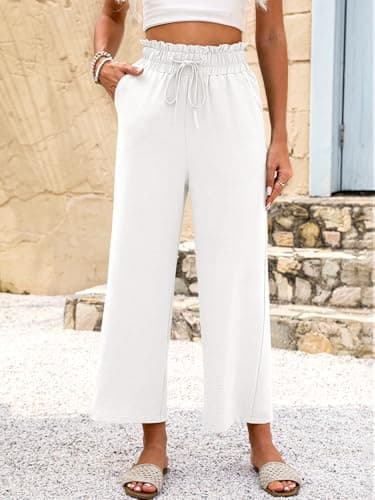ANRABESS Women 2025 Summer Casual Flowy Loose High Waist Boho Wide Leg Cropped Palazzo Lounge Beach Vacation Pants Trousers White Medium - Image 2