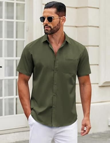 COOFANDY Mens Dress Shirts Button Down Short Sleeve Shirts Business Casual Shirt Army Green - Image 2