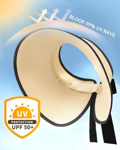 Camptrace Sun Visors for Women Wide Brim Beach Hat Foldable Straw Visor Hat Ponytail Summer Packable UPF 50+ Beige - Image 2