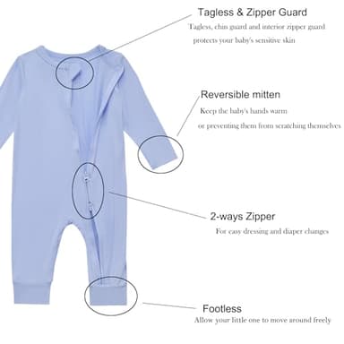 Aablexema Baby Footless Pajamas Bamboo Rayon 3pcs Unisex Infant Zipper Romper with Mitten Cuffs(Blue Set,18-24m) - Image 4